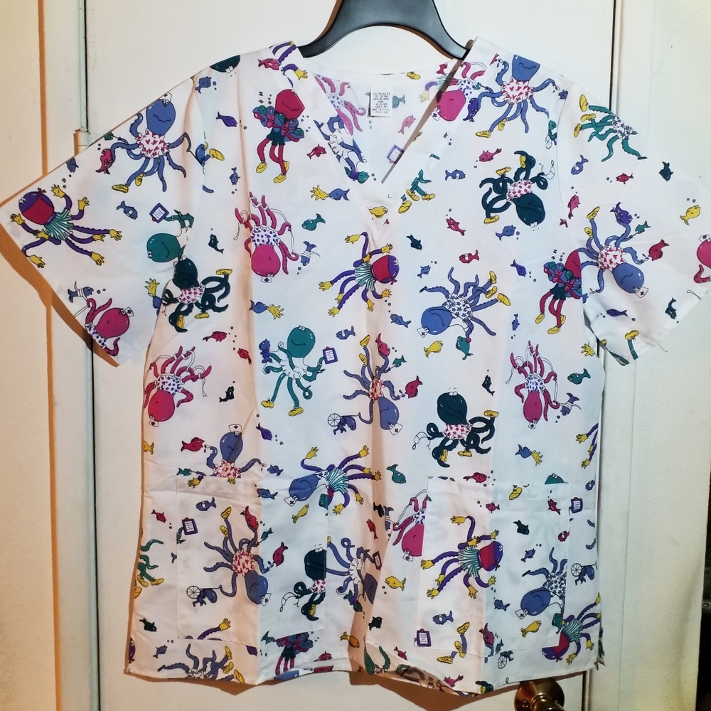 Women's Medical Scrub Top Octopus Fish Ocean Med